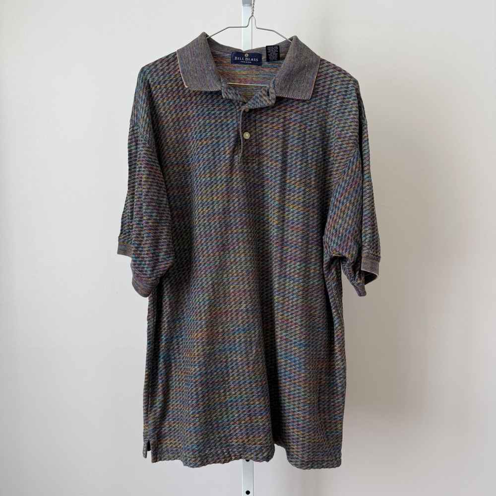 Bill Blass‎ Size L Multi Color Polo Shirt Textured Knit Geometric Vintage 90s